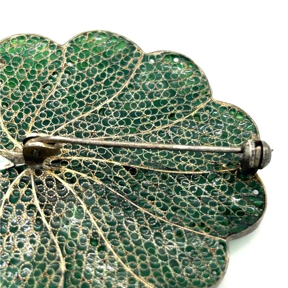 Vintage Art Deco Spider Brooch Green Leaf Flower 800 Silver Gold-tone Wash - Picture 11 of 16
